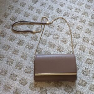 Tan/light brown crossbody wallet bag with gold colored hardware